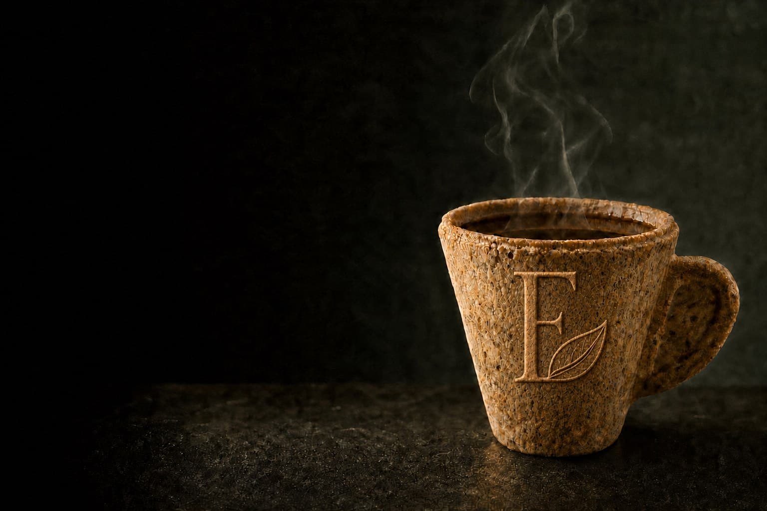 Taza comestible Ecotaza con café recién servido, en primer plano sobre fondo oscuro