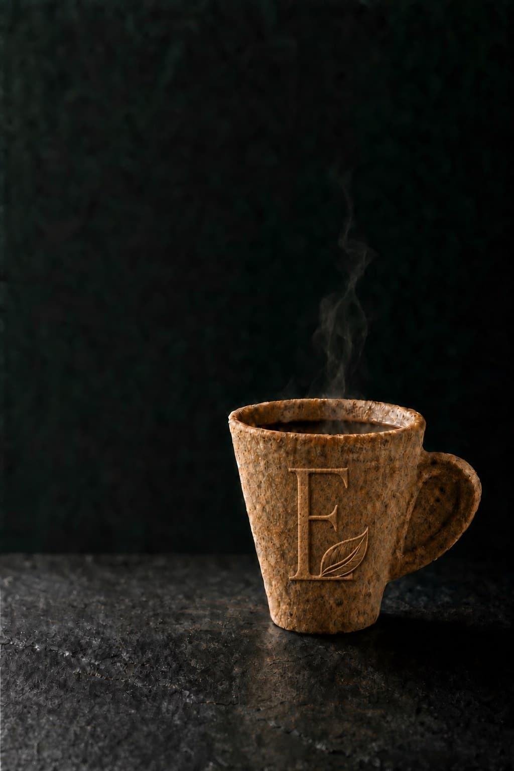 Taza comestible Ecotaza con café recién servido, en primer plano sobre fondo oscuro